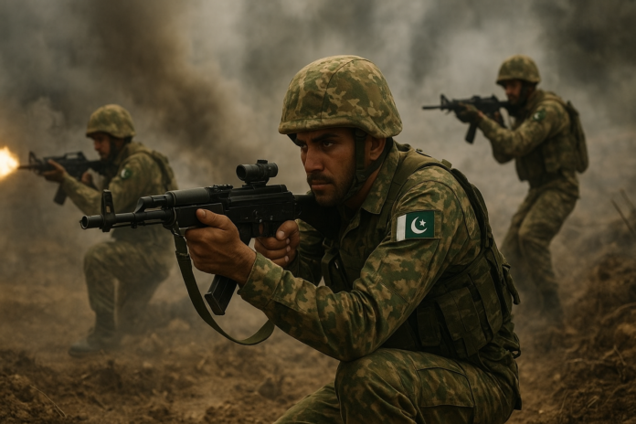 Pakistani army soldiers in camouflage uniforms aiming rifles during a battlefield operation with heavy smoke in the background.