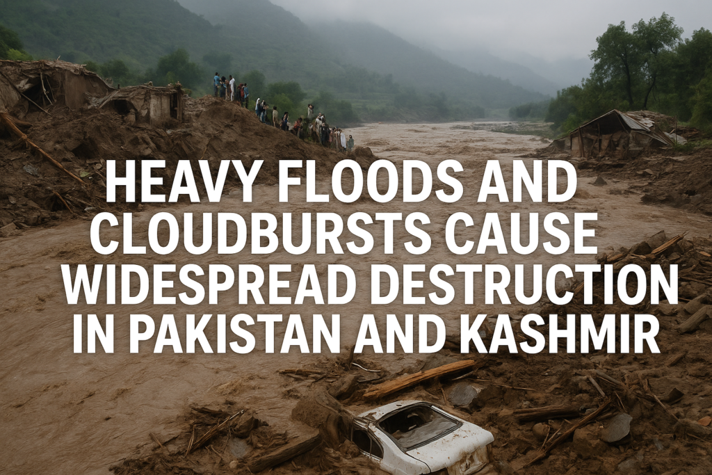 "Destroyed car and buffalo standing in muddy floodwaters with collapsed mud houses in the background after heavy floods and cloudbursts in Pakistan and Kashmir."